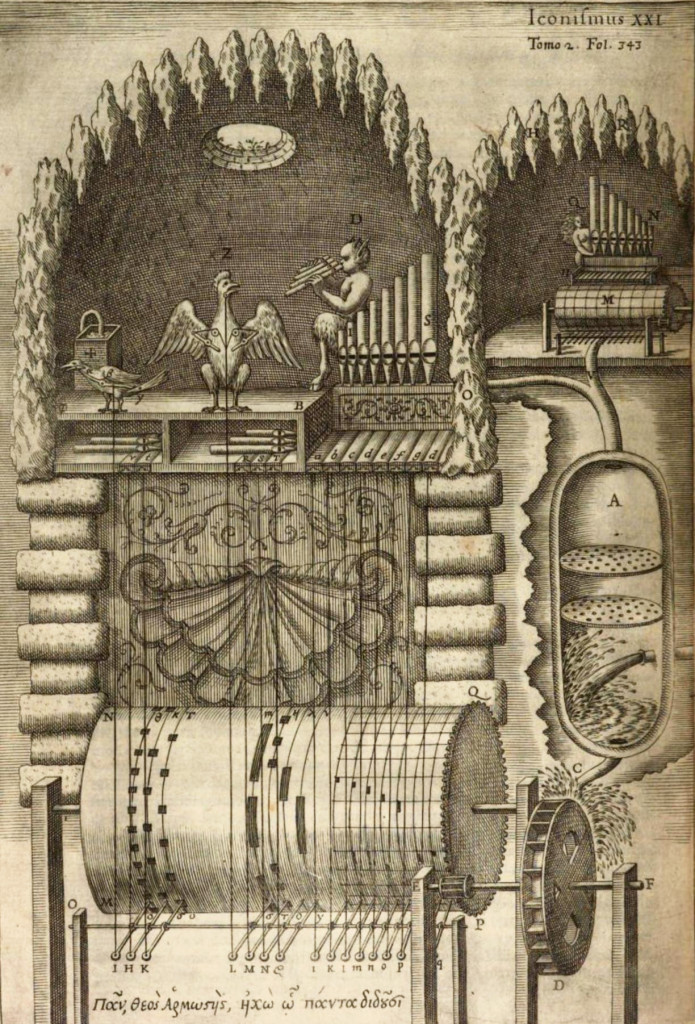 A fantastical musical machine as imagined by Athanasius Kircher in his <em></p>
<p id=