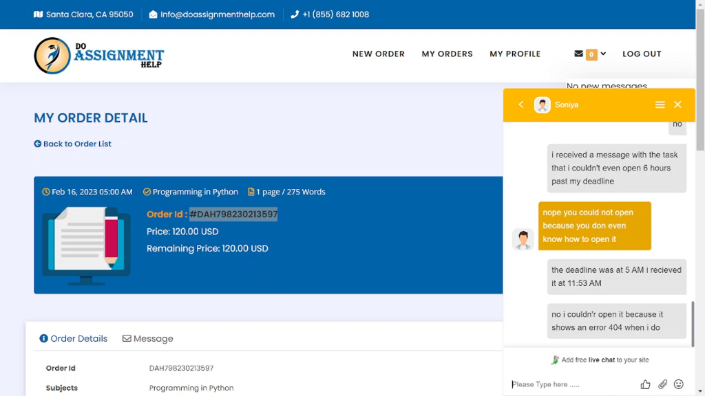 Support team blaming the customer who paid $120 for their service at DoAssignmentHelp.com