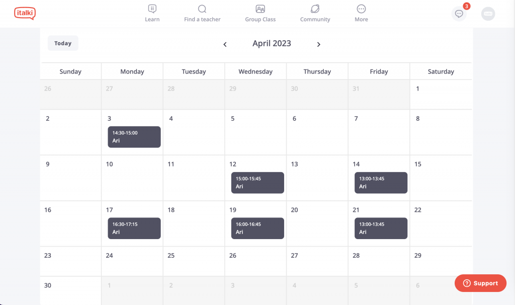 A screenshot of calendar at italki