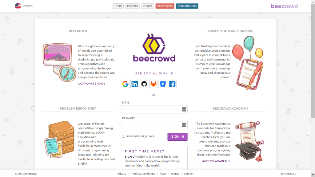 A screenshot of the Beecrowd homepage from the list of coding challenge sites