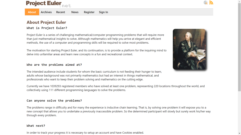 A screenshot of the Project Euler homepage