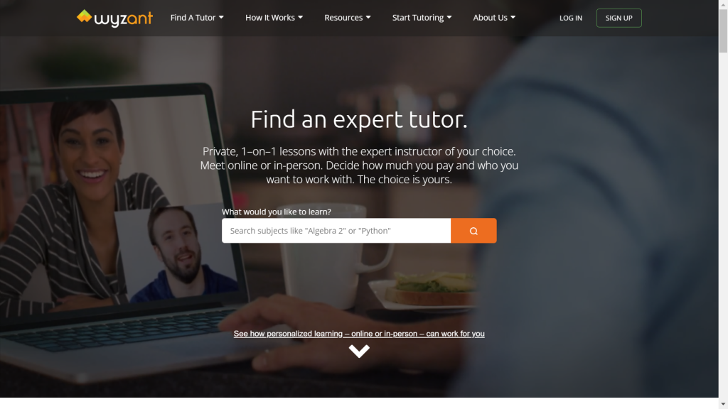 A screenshot of the Wyzant homepage from the list of best online tutoring services to earn money