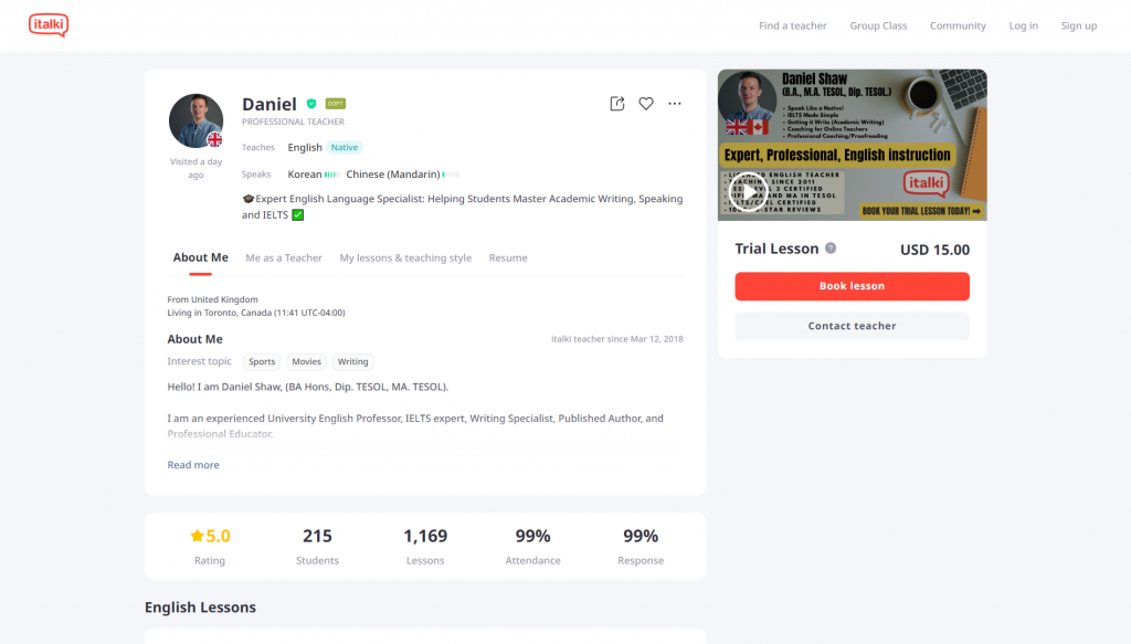 A screenshot of tutor’s profile at iTalki