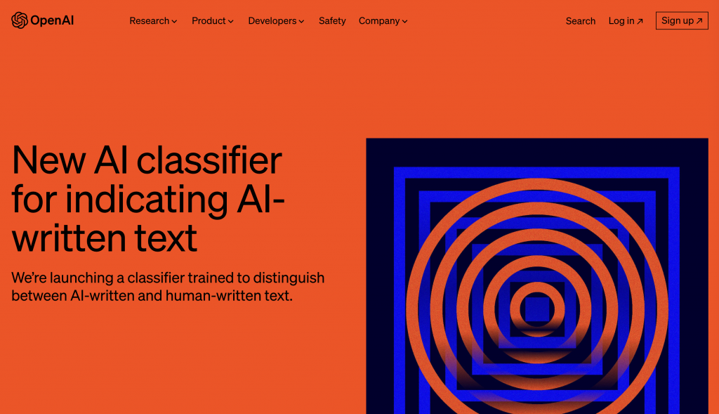 A screenshot of the AI-text classifier homepage