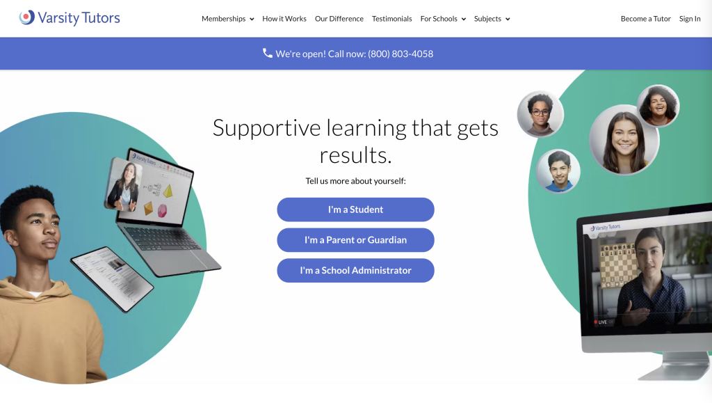 A screenshot of the Varsity Tutors homepage