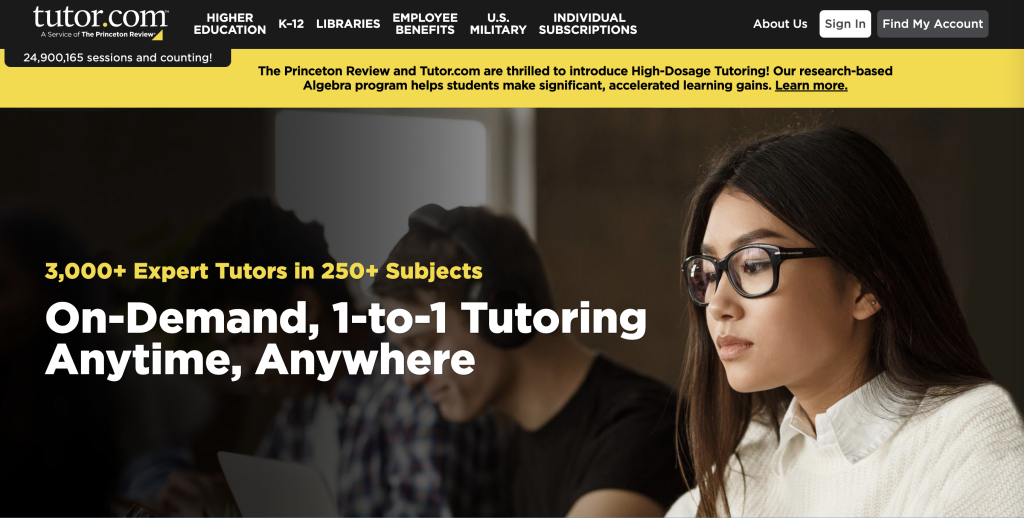 A screenshot of the Tutor.com homepage