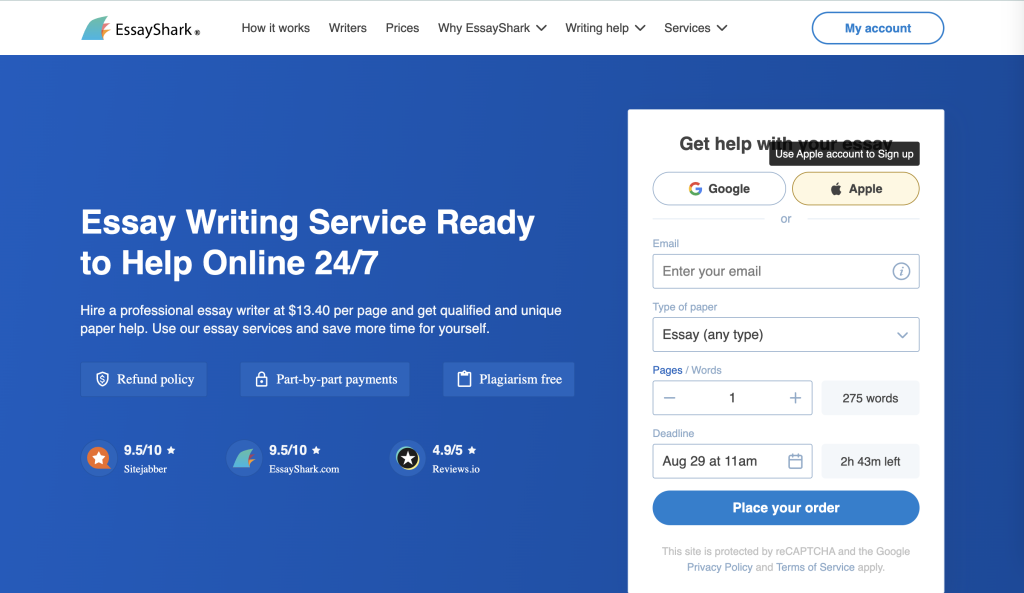 A screenshot of the EssayShark homepage