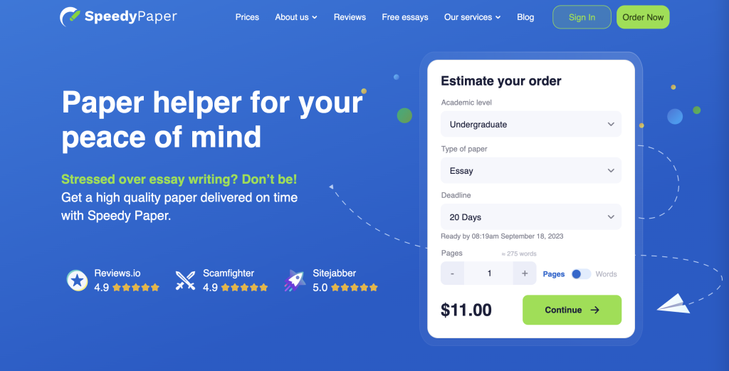 A screenshot of the SpeedyPaper homepage from the list of best assignment writing services