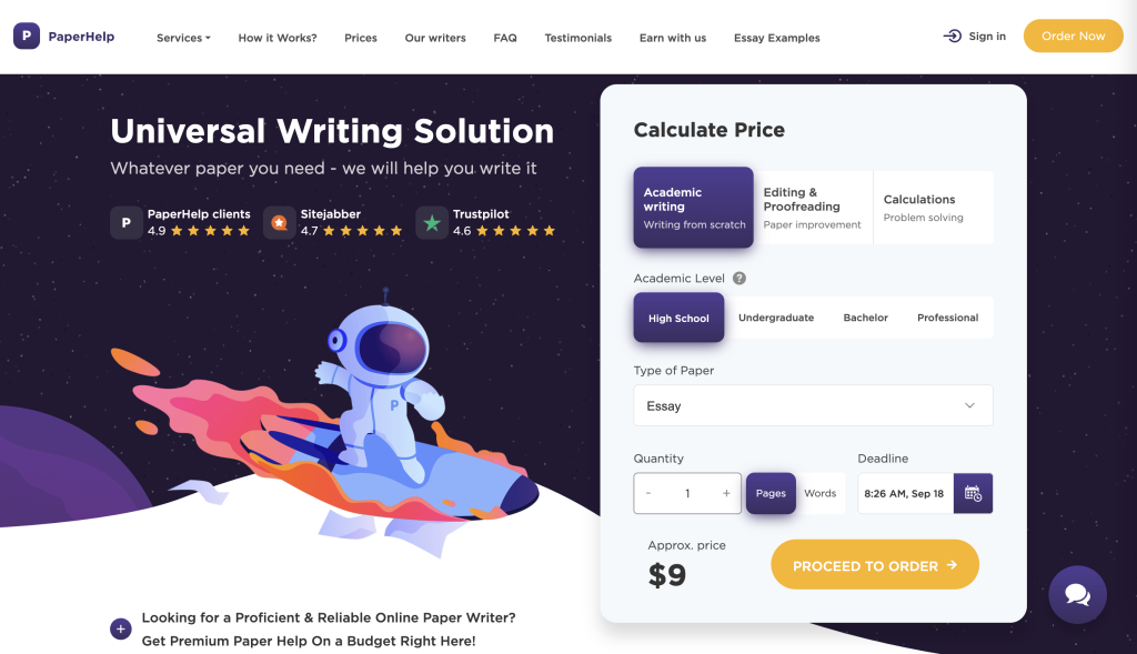 A screenshot of the PaperHelp homepage from the list of assignment help sites