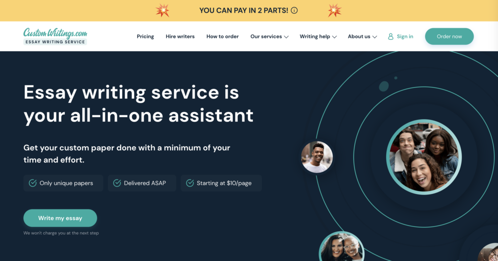 A screenshot of the CustomWritings homepage from the list of best assignment services