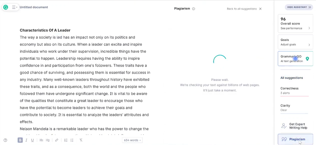 A screenshot of scanning an essay at Grammarly