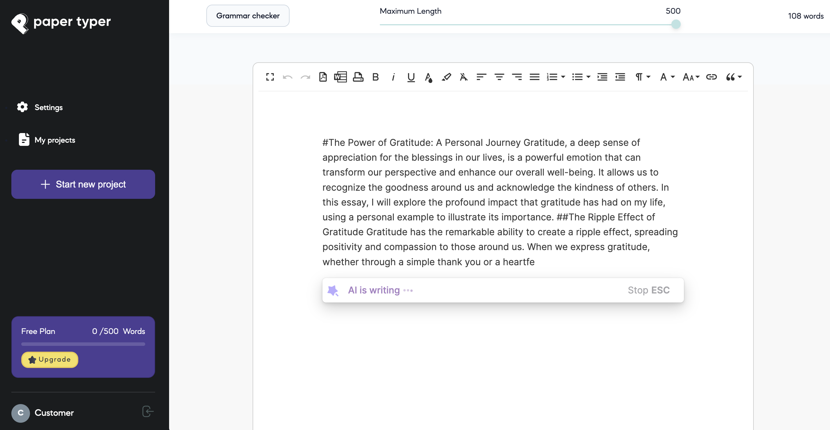 screenshot of ai essay writer tool by PaperTyper.net