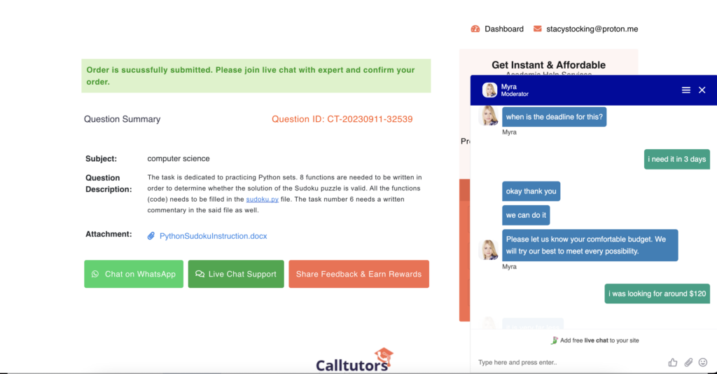 A screenshot of talking to support at CallTutors Talking 
