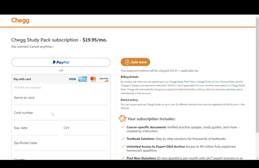 A screenshot of a check out page at Chegg.com