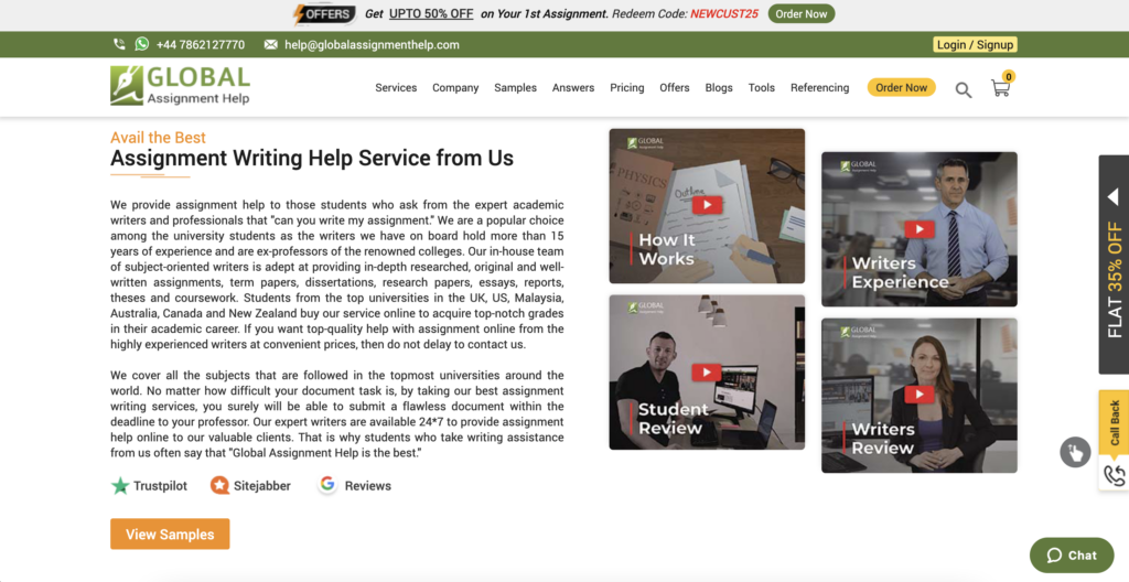 A screenshot of the main page at  GlobalAssignmentHelp 