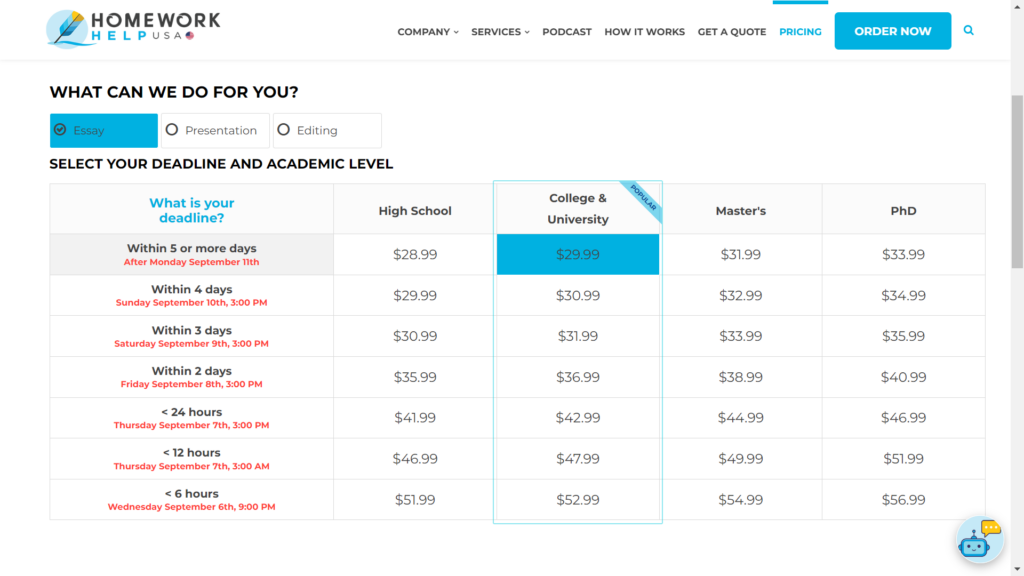 A screenshot of pricing plans at HomeWorkHelpGlobal 