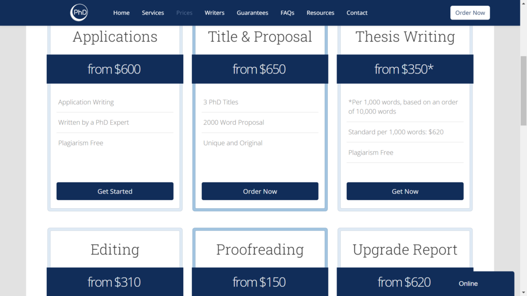 A screenshot of pricing options at Original PhD