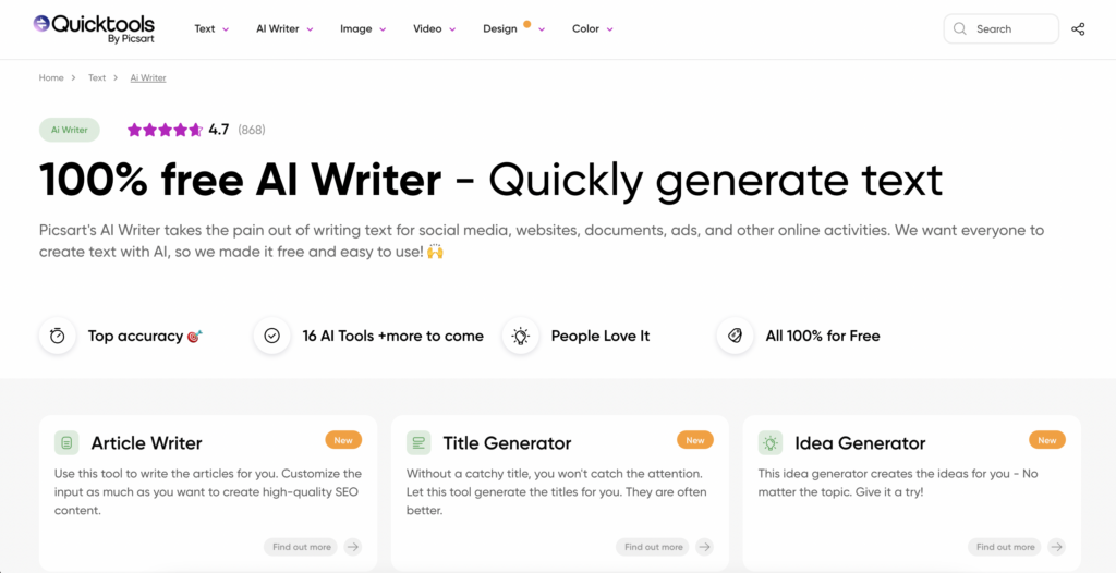 Captura de pantalla de la página principal de Quicktools by Picsart 