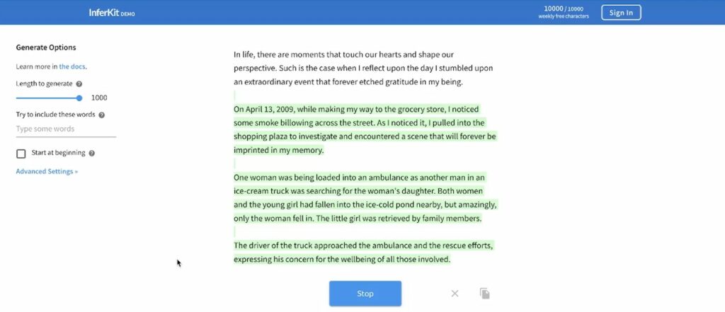 Text generating at Inferkit