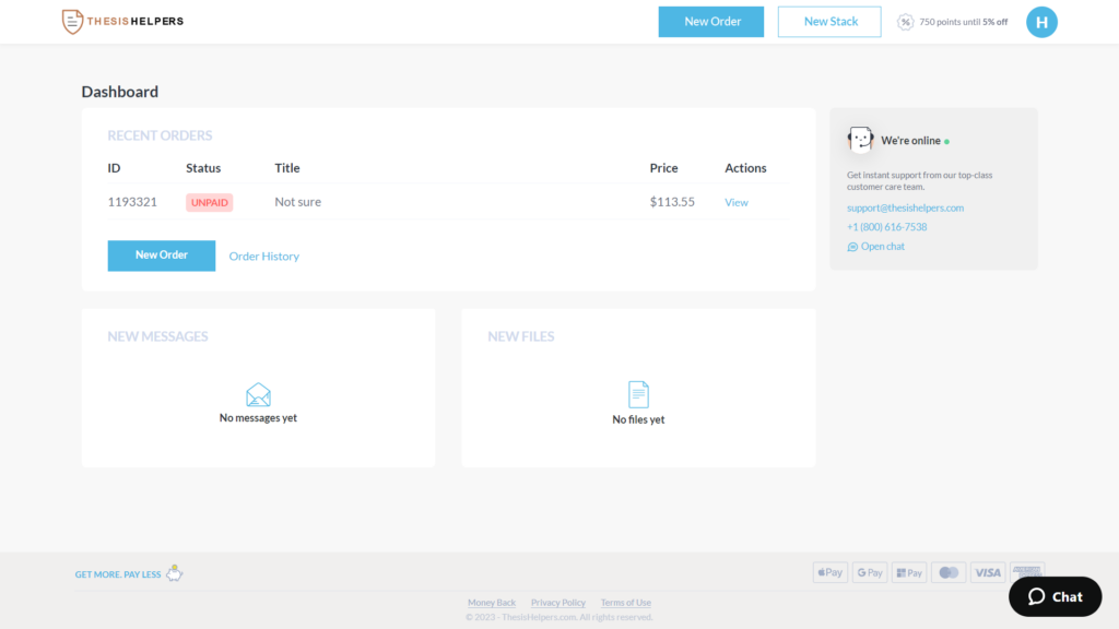 A screenshot of a profile dashboard at Thesis Helpers