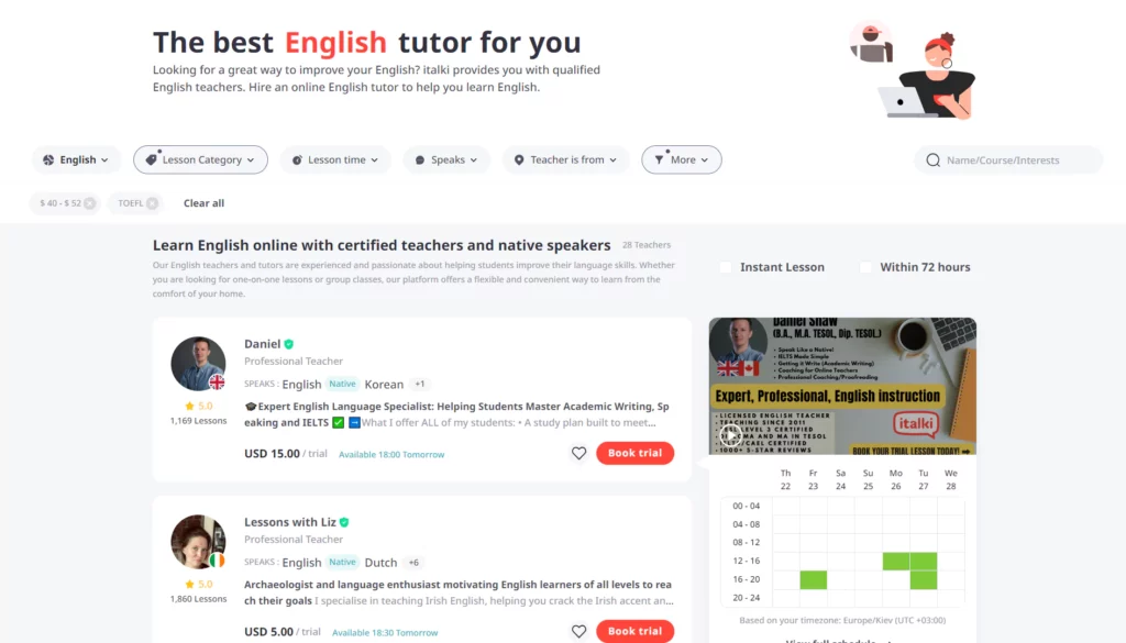 A screenshot of tutor browsing at iTalki