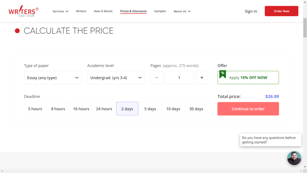 A screenshot of the pricing plans at WritersPerHour 