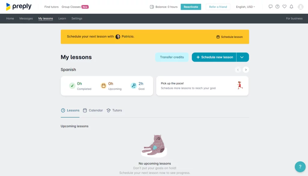 A screenshot of a dashboard at Preply.com