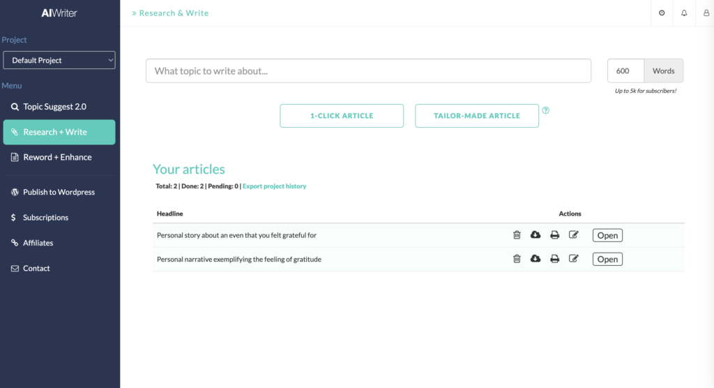 A screenshot of the dashboard at AI-Writer