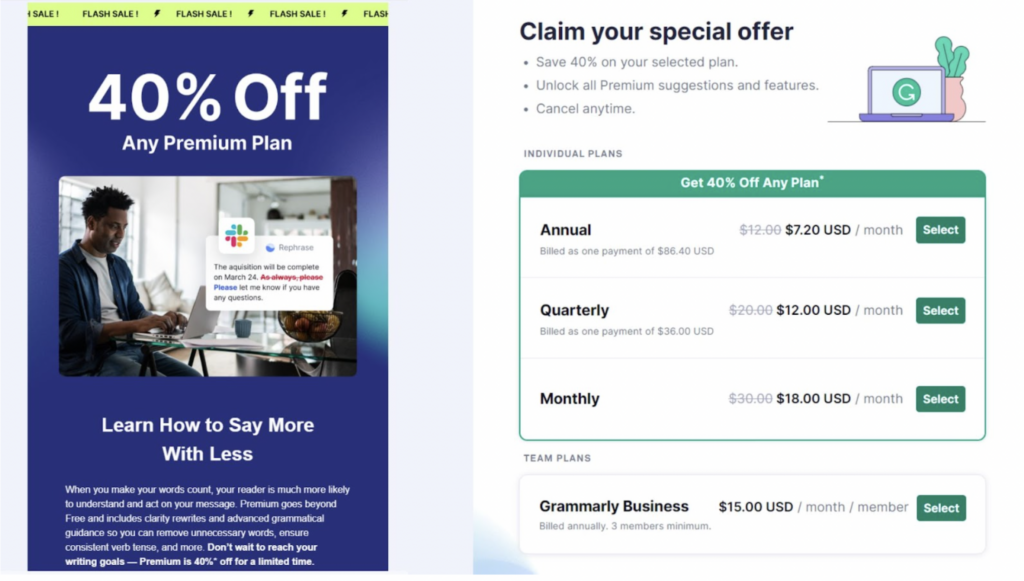 Example of the annual Grammarly discount codes and special offers at the order page