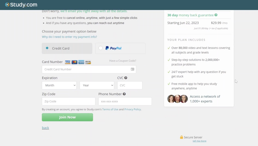 A screenshot of Study.com payment process