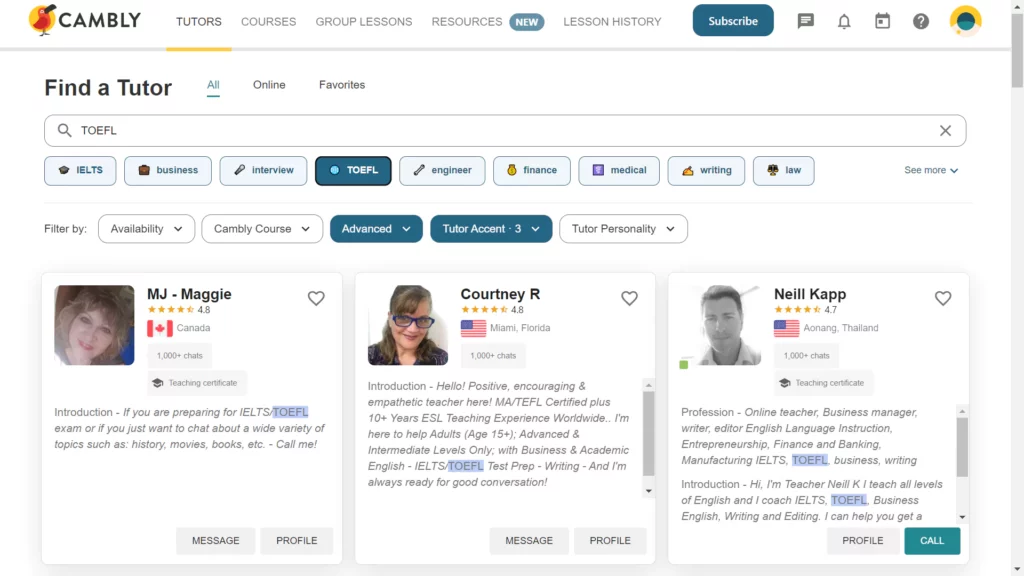 A screenshot of a tutor browsing at Cambly