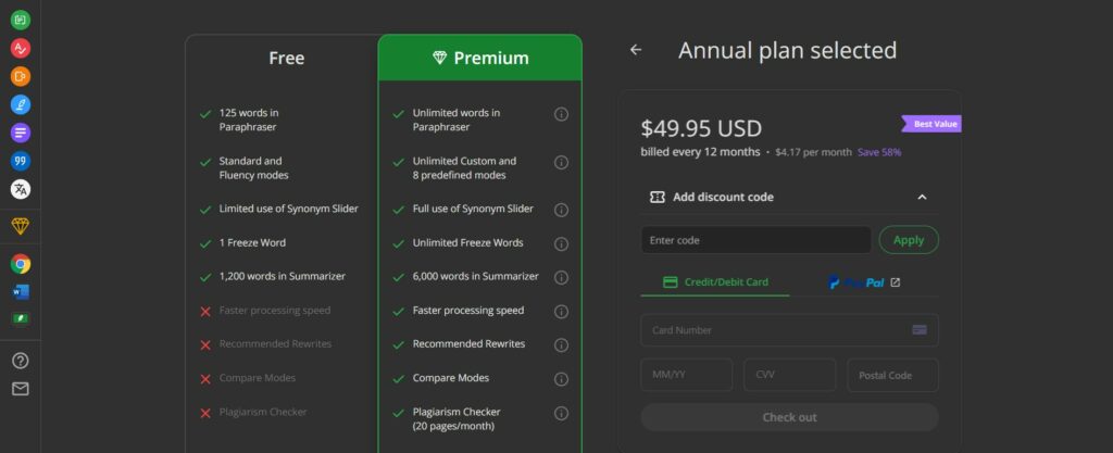 Example of the Quillbot anual plan and discount code at the order page