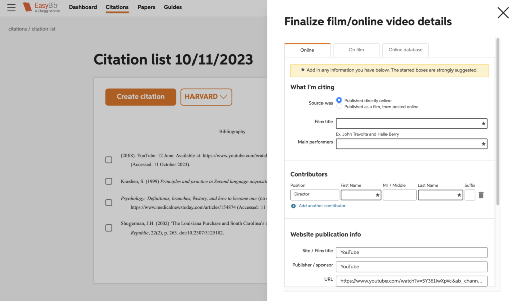 A screenshot of citation editing options at EasyBib.com