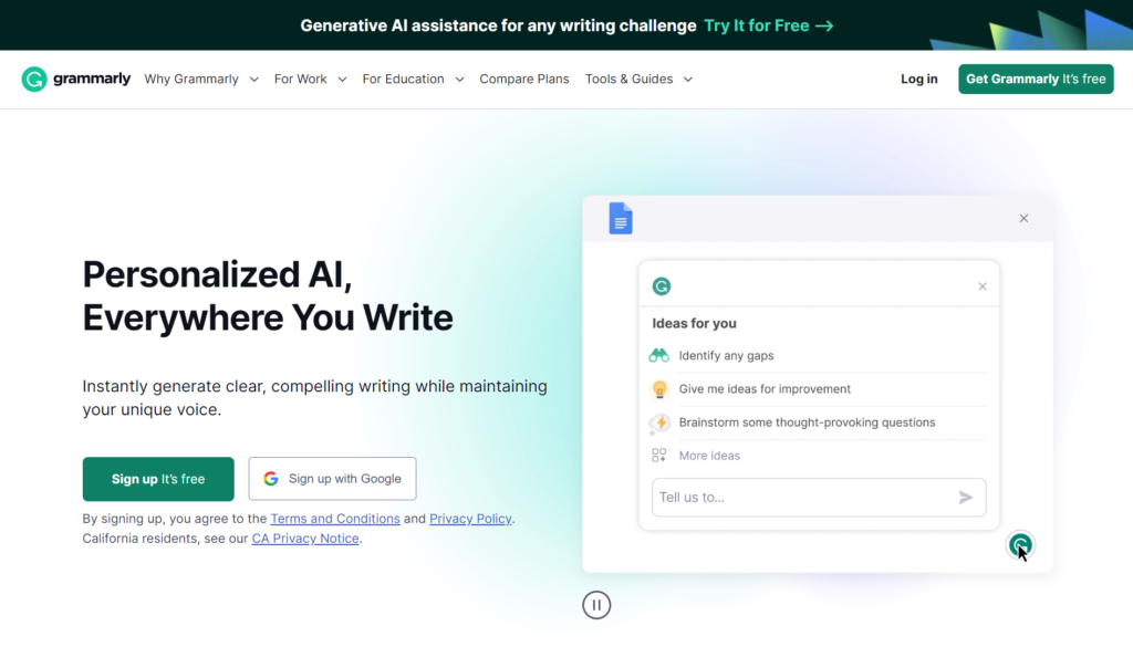 A screenshot of the Grammarly homepage from the list of best grammar checker tools