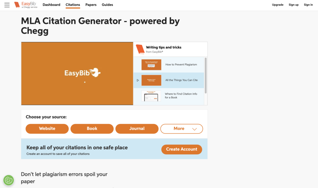 A screenshot of the EasyBib homepage from the list of citation generators