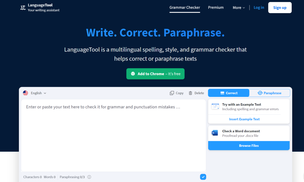 A screenshot of the LanguageTool homepage from the list of online grammar checkers
