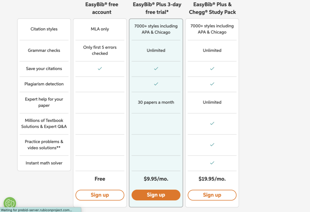 A screenshot of pricing plans at Easy Bib