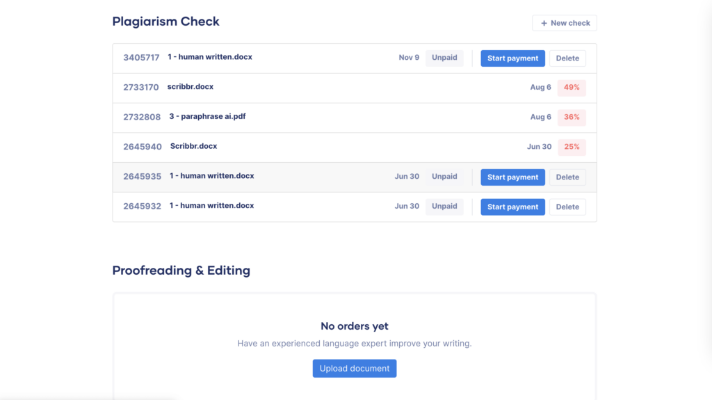 A screenshot of Turnitin's plagiarism checker dashboard