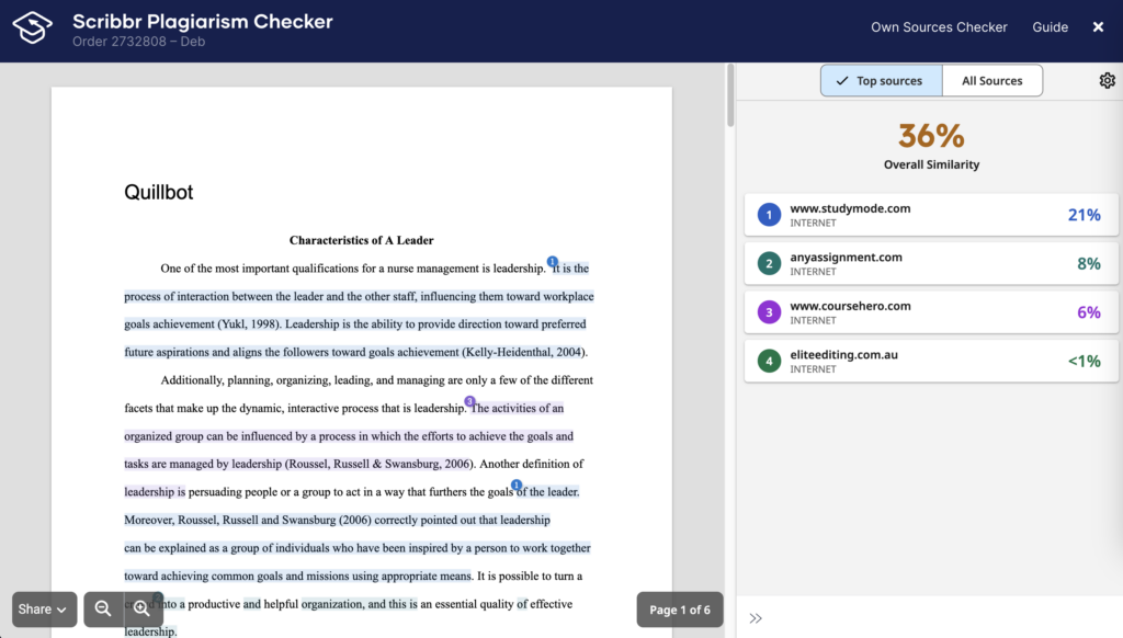 A screenshot of plagiarism detection results at Scribbr.com