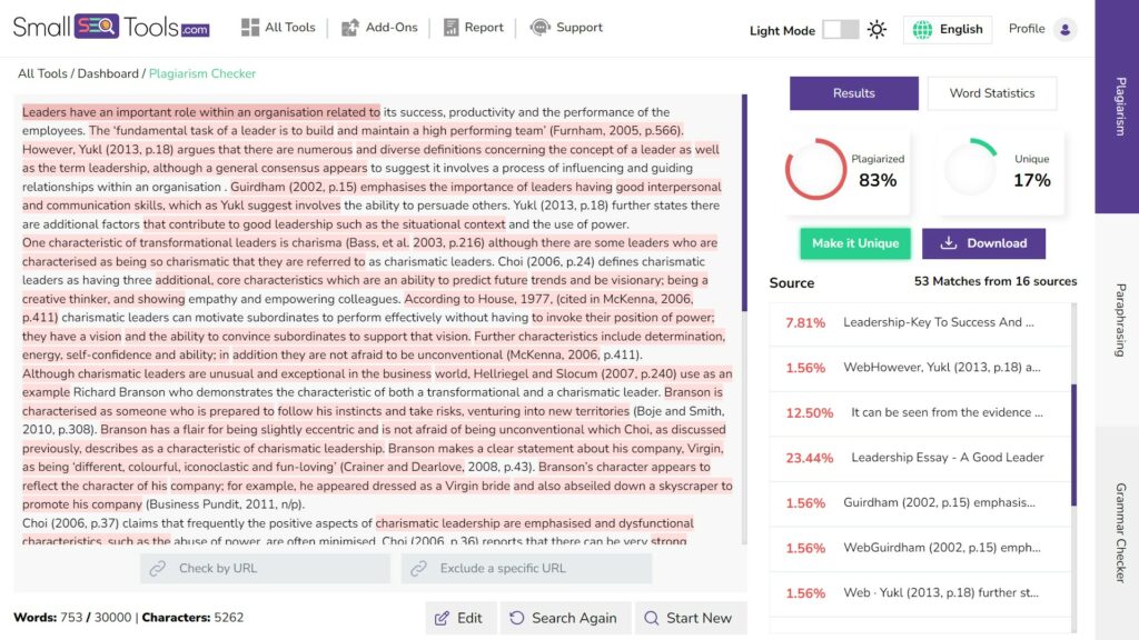 A screenshot of plagiarism detection results at Small SEO Tools
