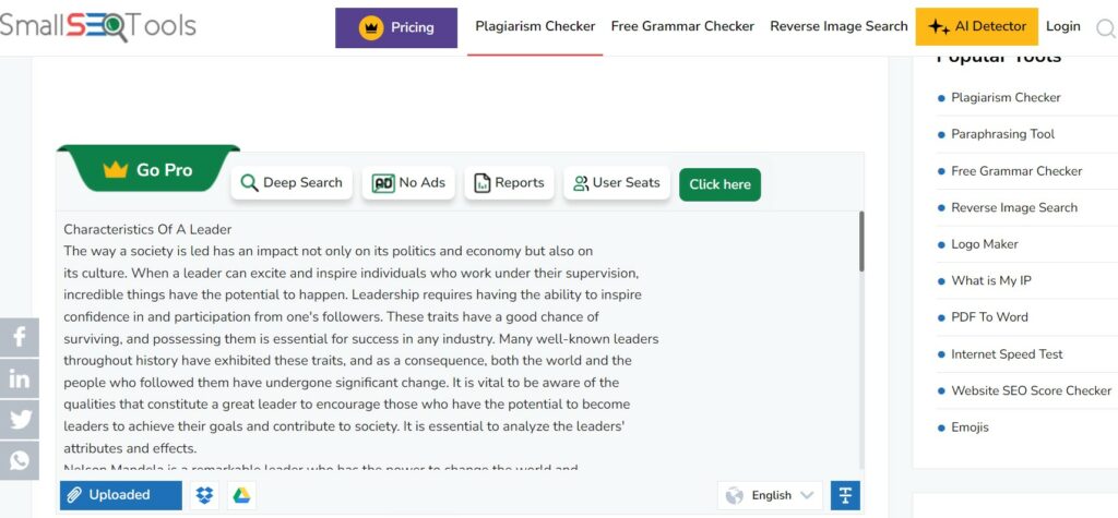 A screenshot of uploading a document at SmallSEOTools