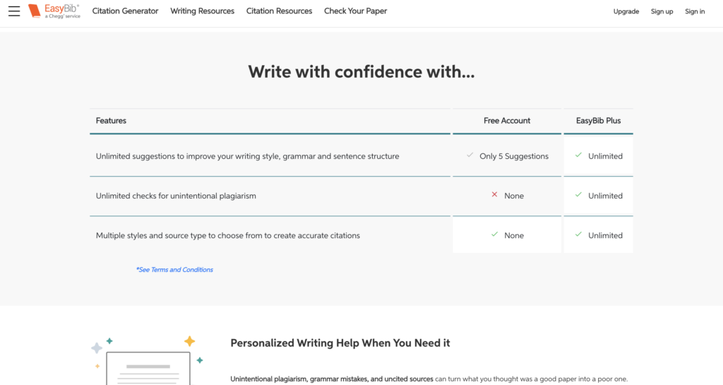 A screenshot of a features comparison between a free account and EasyBib Plus at EasyBib.com