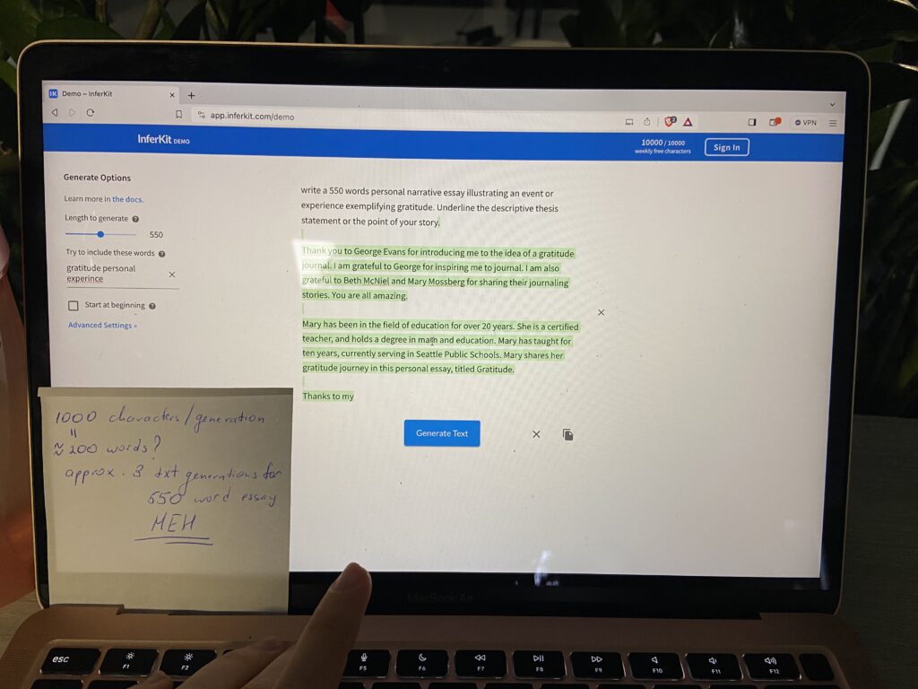 Creating essay with Inferkit