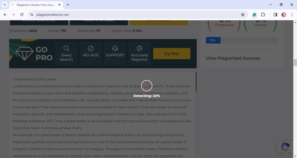 A screenshot of a processing detection results at Plagiarism Detector