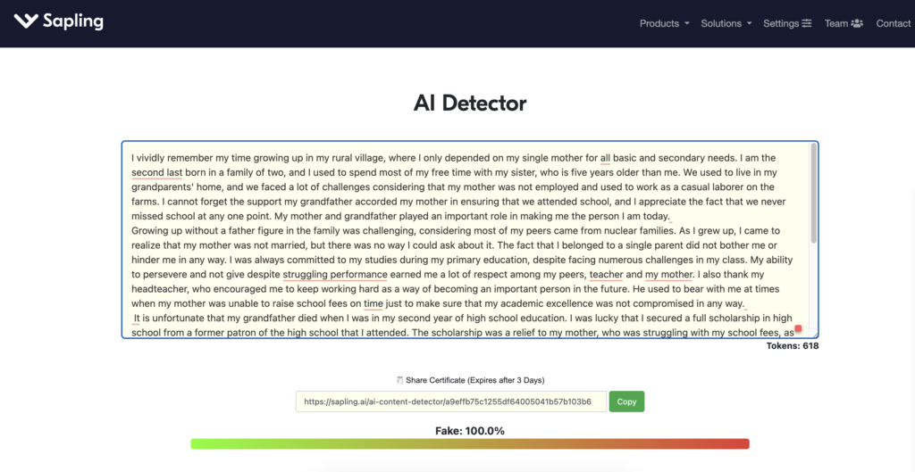 A screenshot of scanning results at Sapling AI detector