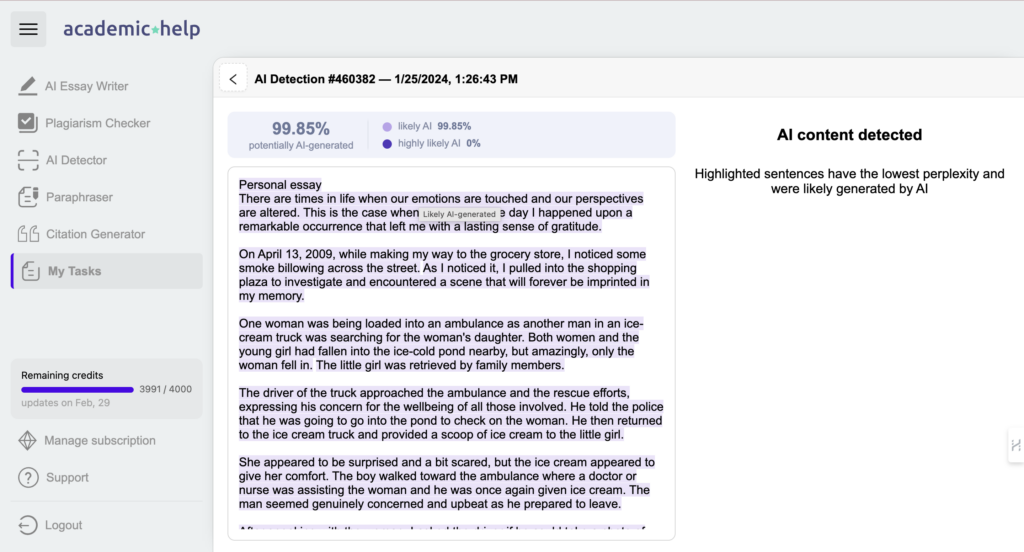 Detecting AI in Inferkit's essay