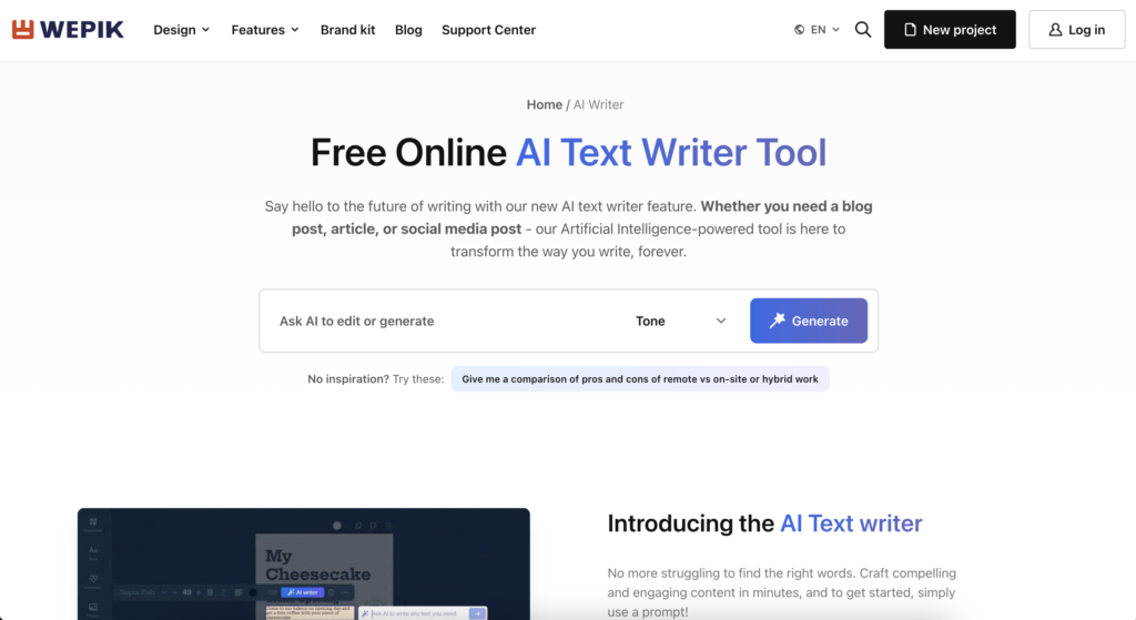 Main page at Wepik AI Writer