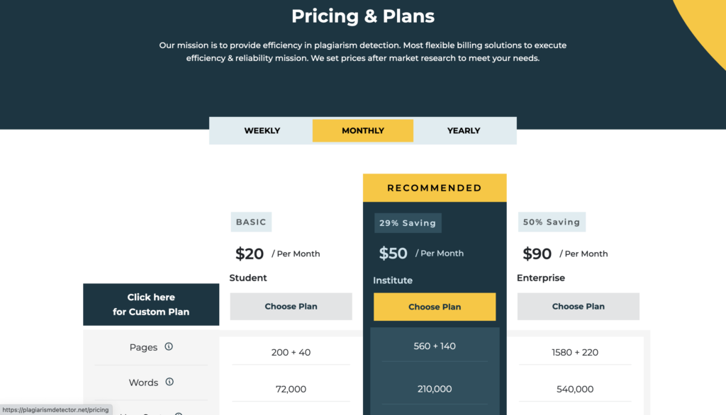 A screenshot of pricing plans at Plagiarismdetector.net