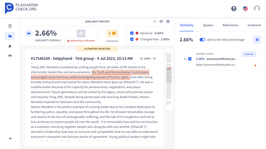 A screenshot of detecting plagiarism in AI-paraphrased tex