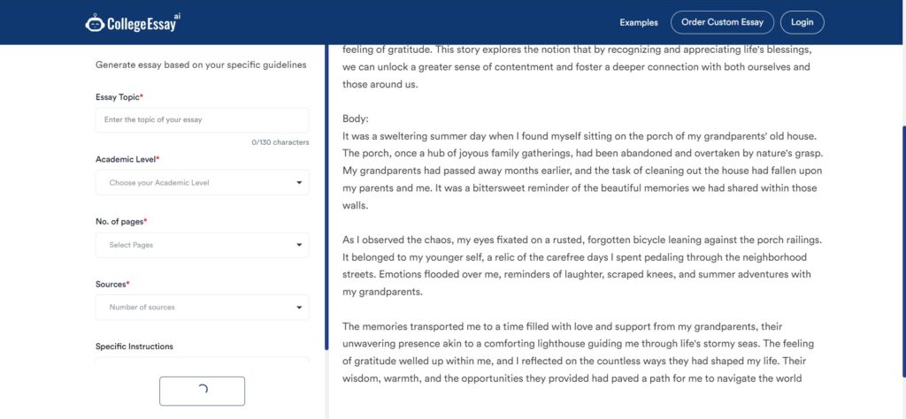 A screenshot of generation process at CollegeEssay. ai